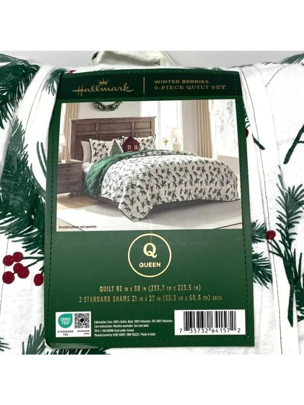 Hallmark Queen Flannel Greenery Print Quilt/ 2 Standard Shams Set Holiday Decor